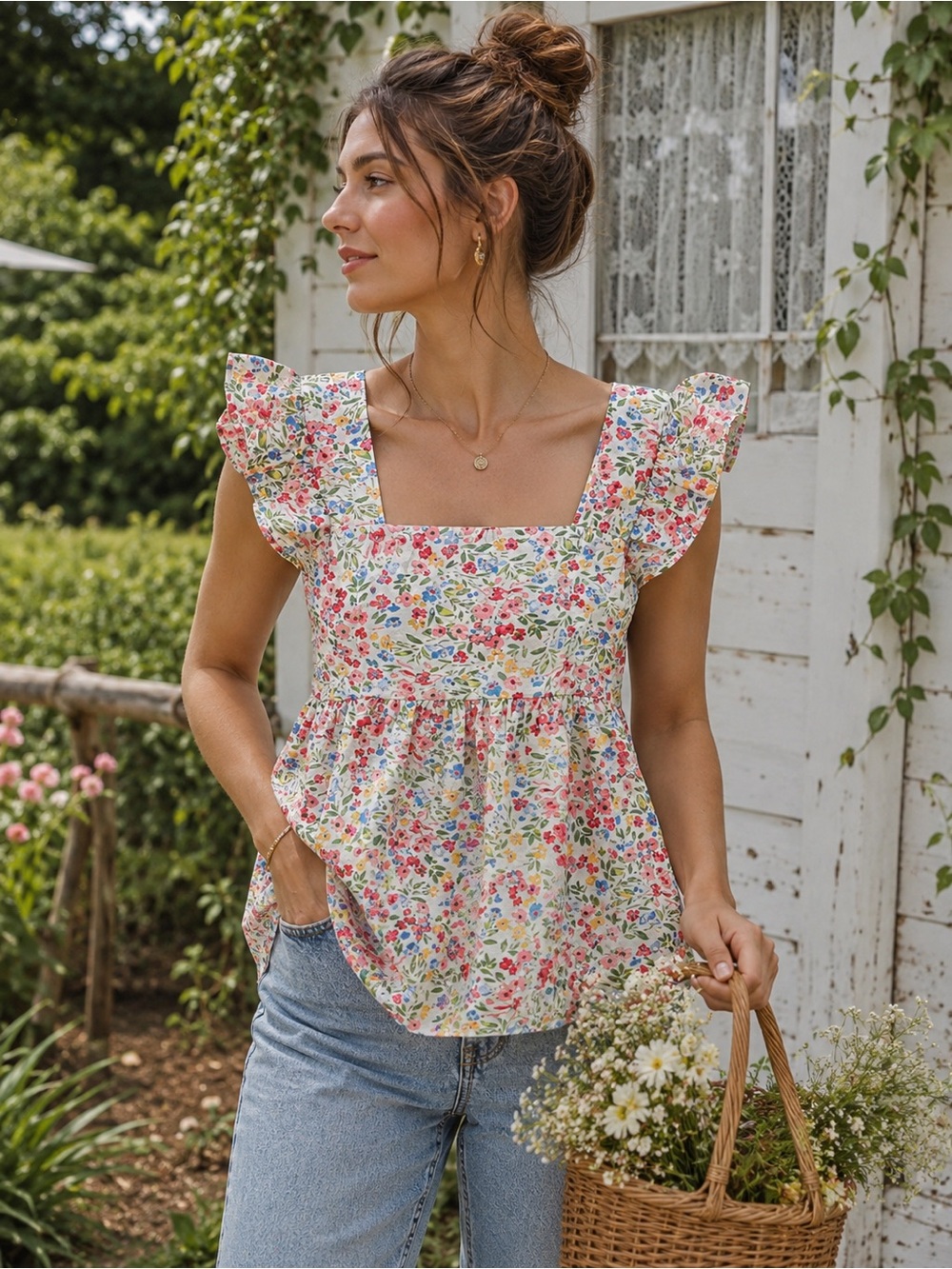 Lovely Melody Floral Ruffle-Sleeve Baby Doll Tank Size Small Cotton Cottagecore